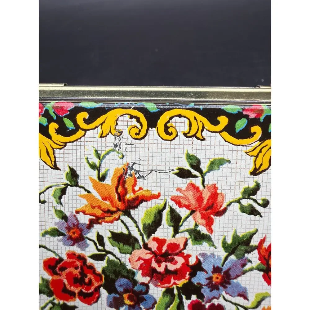 Vintage Daher Ware Floral Tin England Faux Needlepoint Tapestry Trinket Box 4x3